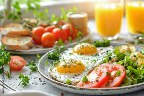 Wholesome breakfast  fried egg  veggies  orange juice on white table with soft blurred background