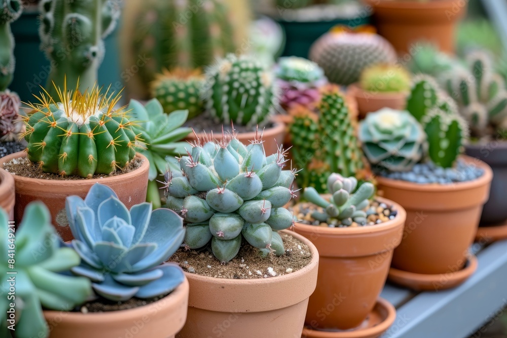Assorted succulents and cacti in terra cotta pots arranged neatly on a display shelf Assorted succulents and cacti in terra cotta pots arranged neatly on a display shelf
