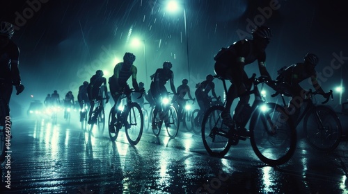 Intense Nighttime Triathlon with Athletes Transitioning from Bike to Run Under Bright Floodlights © spyrakot