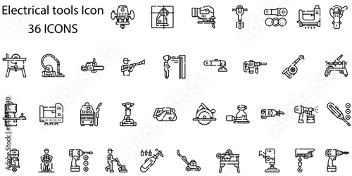 Electrical tools icons set. Set of electric tools, woodworking instruments, welding equipment, air compressor machines vector icons.
