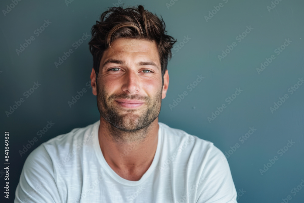 A close up portrait of a young man with a subtle smile A close up portrait of a young man with a subtle smile