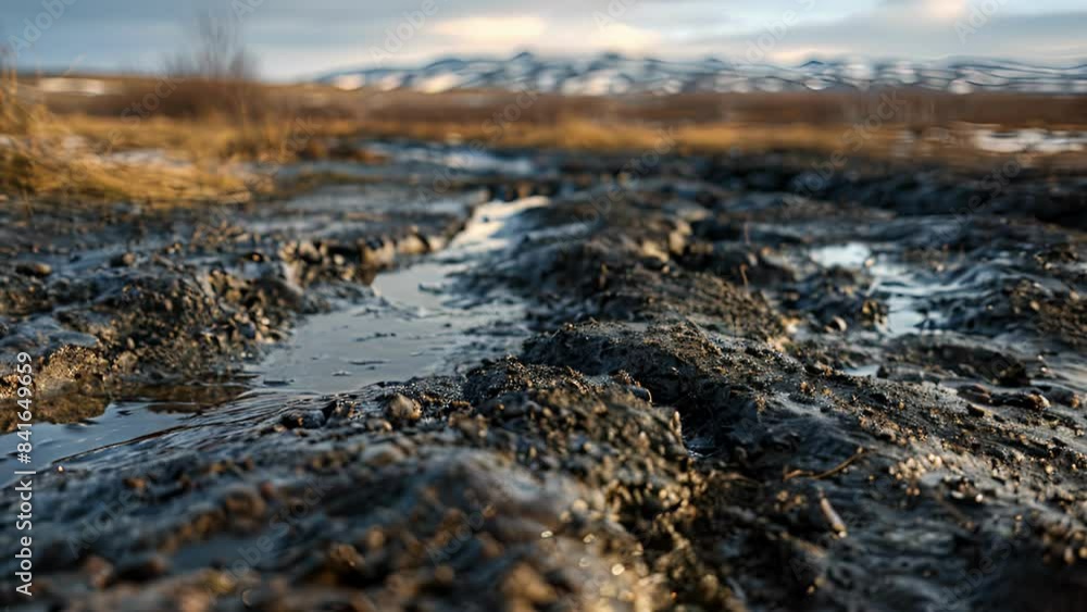 A landscape scarred by thawing permafrost shows the extent to which the ground has shifted impacting the stability of nearby infrastructure. A landscape scarred by thawing permafrost shows the extent to which the ground has shifted impacting the stability of nearby infrastructure.