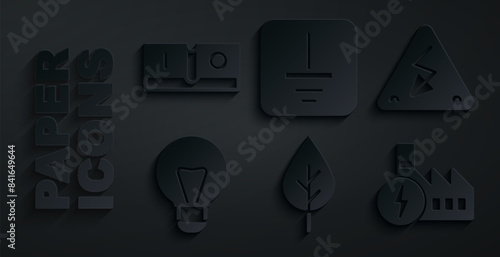 Set Leaf Eco symbol, High voltage, Creative lamp light idea, Nuclear power plant, Electrical ground and switch icon. Vector