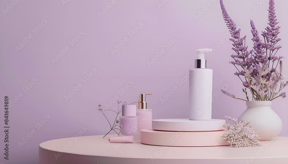 Decorative cosmetics with podium on table near lilac wall Decorative cosmetics with podium on table near lilac wall