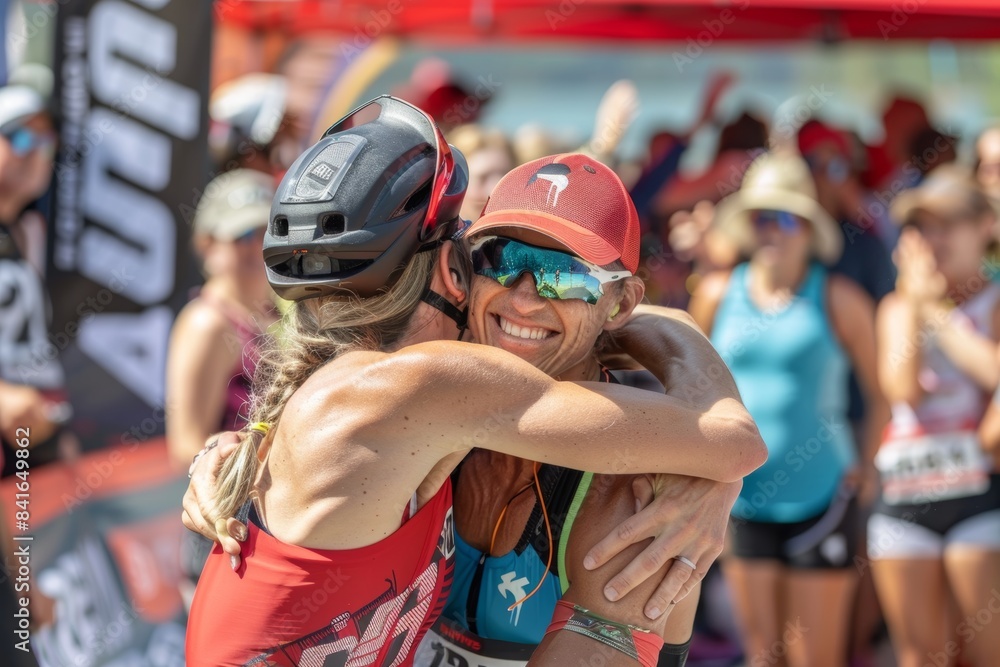 Fototapeta premium Triathlete Celebrating Finish Line with Family in Joyful Hug at Outdoor Sporting Event