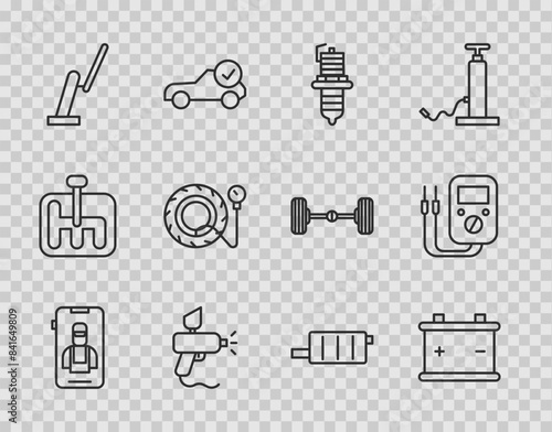 Set line Online car services, Car battery, spark plug, Paint spray gun, Windscreen wiper, Tire pressure gauge, muffler and Multimeter icon. Vector