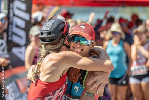 Triathlete Celebrating Finish Line with Family in Joyful Hug at Outdoor Sporting Event
