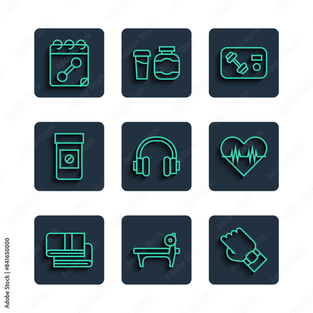 Set line Towel stack, Bench with barbel, Smart watch on hand, Fitness club, gym card, Headphones, Anabolic drugs, Calendar fitness and Heart rate icon. Vector Set line Towel stack, Bench with barbel, Smart watch on hand, Fitness club, gym card, Headphones, Anabolic drugs, Calendar fitness and Heart rate icon. Vector