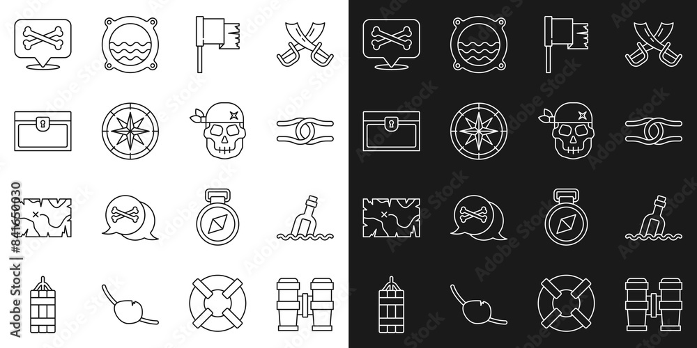 Set line Binoculars, Bottle with message water, Rope tied knot, Pirate flag, Compass, Antique treasure chest, Location pirate and Skull icon. Vector Set line Binoculars, Bottle with message water, Rope tied knot, Pirate flag, Compass, Antique treasure chest, Location pirate and Skull icon. Vector
