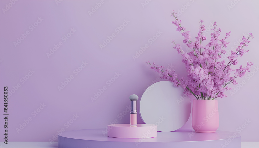 Decorative cosmetics with podium on table near lilac wall Decorative cosmetics with podium on table near lilac wall