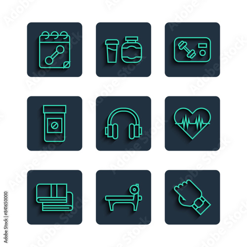Set line Towel stack, Bench with barbel, Smart watch on hand, Fitness club, gym card, Headphones, Anabolic drugs, Calendar fitness and Heart rate icon. Vector