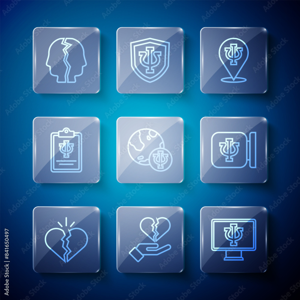 Set line Broken heart or divorce, Psychologist online, Psychology, Psi, Bipolar disorder and icon. Vector Set line Broken heart or divorce, Psychologist online, Psychology, Psi, Bipolar disorder and icon. Vector