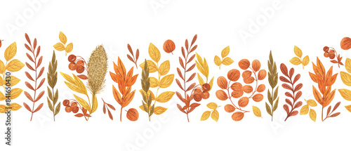 Autumn yellow, orange, brown fancy leaves seamless horizontal border watercolor illustration, simple repeat ornament for textile, fabric, gift paper, seasonal Thanksgiving holiday celebration design