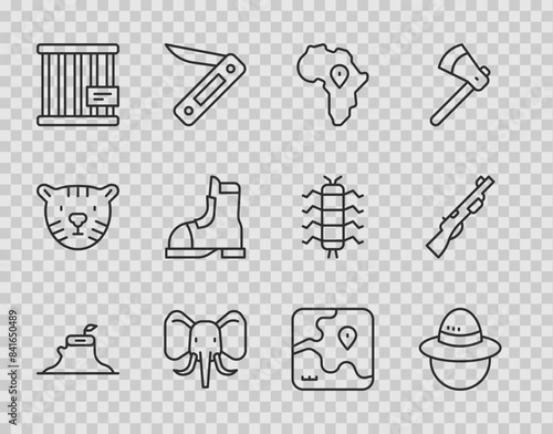 Set line Tree stump, Camping hat, Map of Africa, Elephant, Animal cage, Hunter boots, safari map and Hunting gun icon. Vector