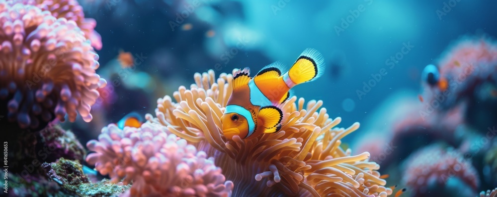 Fototapeta premium Clown fish swimming on anemone underwater reef background, Colorful Coral reef landscape in the deep of ocean. Marine life concept, Underwater world scene