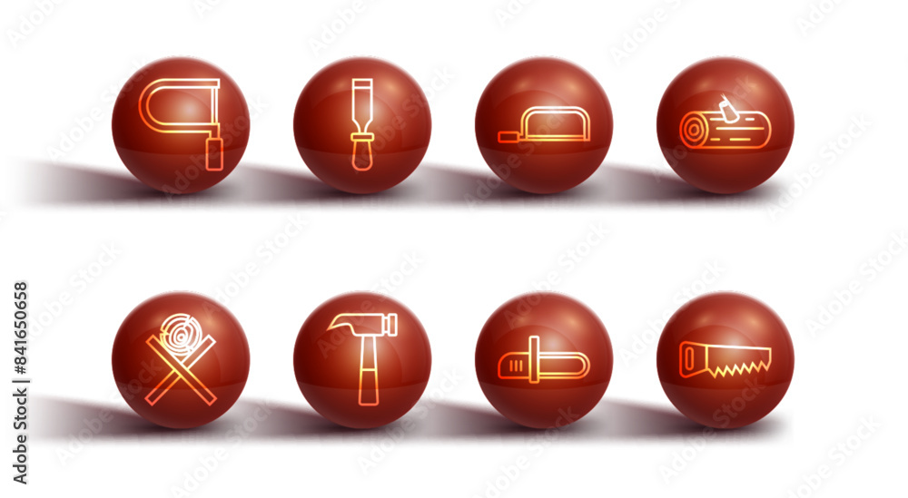 Set line Hacksaw, Wooden logs on stand, Chainsaw, Hammer, Chisel tool, Hand and icon. Vector Set line Hacksaw, Wooden logs on stand, Chainsaw, Hammer, Chisel tool, Hand and icon. Vector