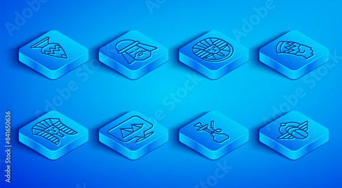 Set line Egyptian vase, man, pharaoh, pyramids, Hookah, Nefertiti, and Scarab icon. Vector