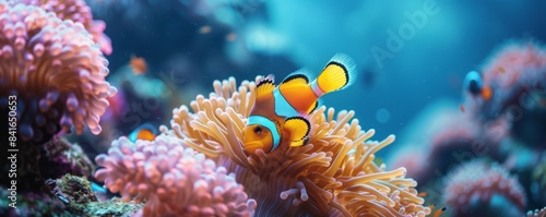 Clown fish swimming on anemone underwater reef background, Colorful Coral reef landscape in the deep of ocean. Marine life concept, Underwater world scene © Ivan
