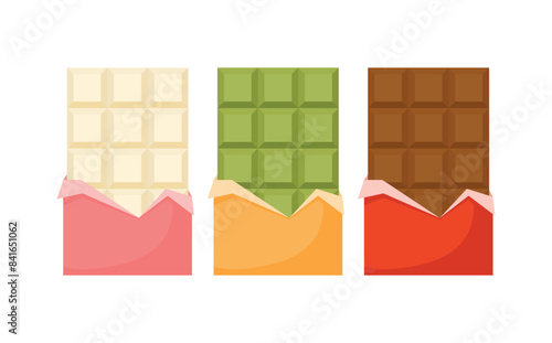 Set of Chocolate Bar with Open Wrapper Vector Illustration