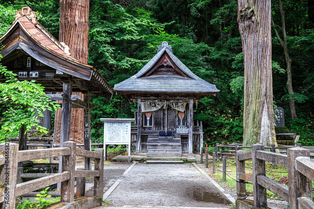 Tranquil Shinto Shrine in Verdant Forest, Iimori Mountain, Aizuwakamatsu, Japan Tranquil Shinto Shrine in Verdant Forest, Iimori Mountain, Aizuwakamatsu, Japan