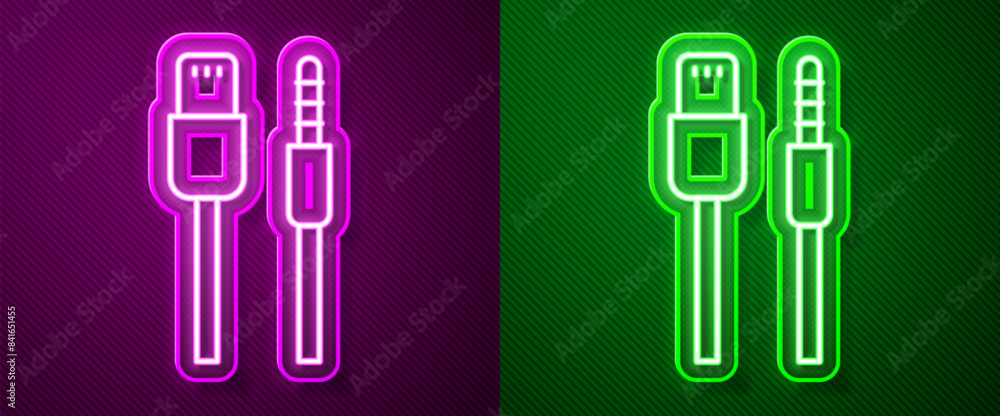 Glowing neon line USB cable cord icon isolated on purple and green background. Connectors and sockets for PC and mobile devices. Vector Glowing neon line USB cable cord icon isolated on purple and green background. Connectors and sockets for PC and mobile devices. Vector