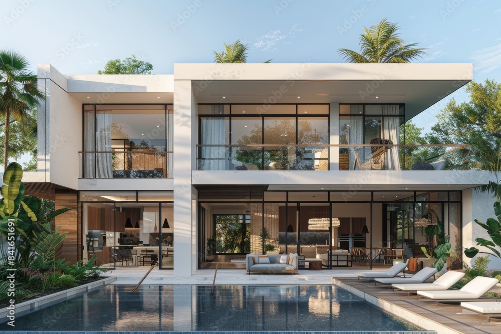 A large white house with a pool and a large glass window A large white house with a pool and a large glass window