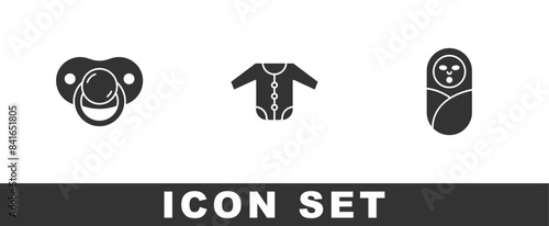 Set Baby dummy pacifier, clothes and Newborn baby infant swaddled icon. Vector