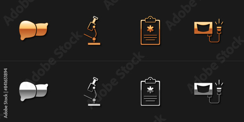 Set Human organ liver, Microscope, Clinical record and Ultrasound icon. Vector