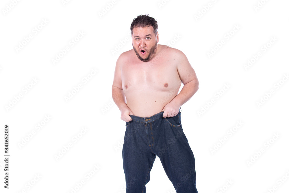 Funny fat man on a diet. White background. Funny fat man on a diet. White background.