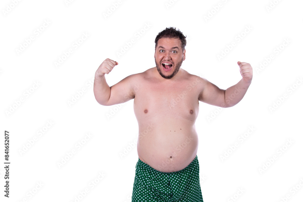 Funny fat man on a diet. White background. Funny fat man on a diet. White background.