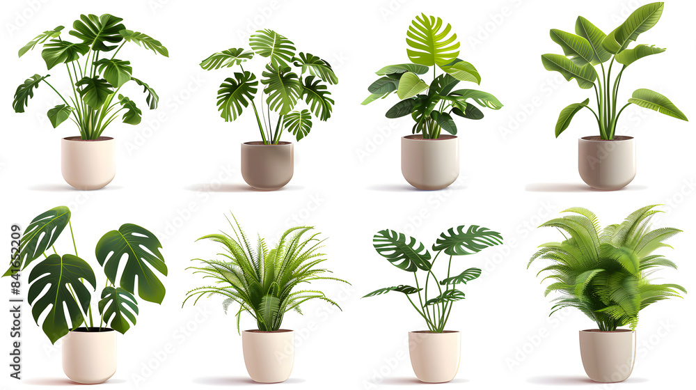 Fototapeta premium Clipart illustration set of trendy potted plants for home. Different indoor houseplants isolated on white background. Alocasia, begonia, fan palm, monstera, ficus, strelitzia and oxalis.[A-0002]