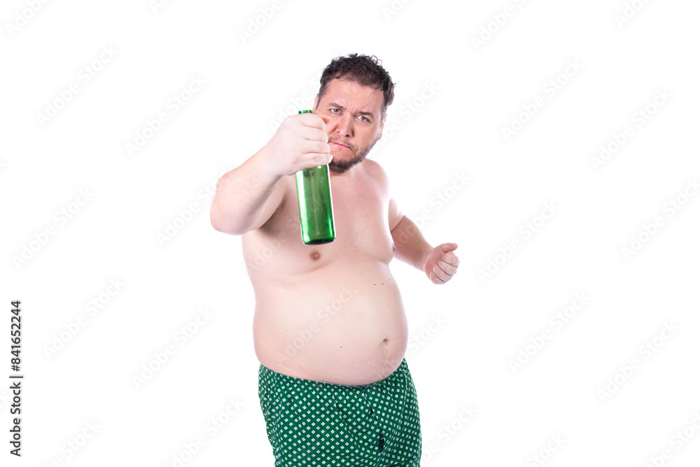 Funny fat man drinks light beer. White background. Funny fat man drinks light beer. White background.