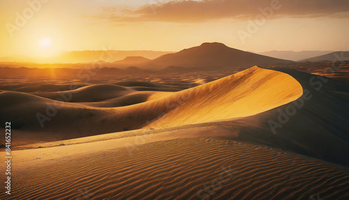 Beautiful sunset over the desert  golden sand dune desert landscape panorama  nature