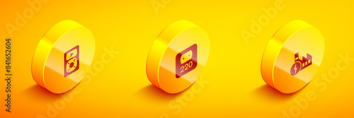 Set Isometric Music player, Electrical outlet and Nuclear power plant icon. Vector
