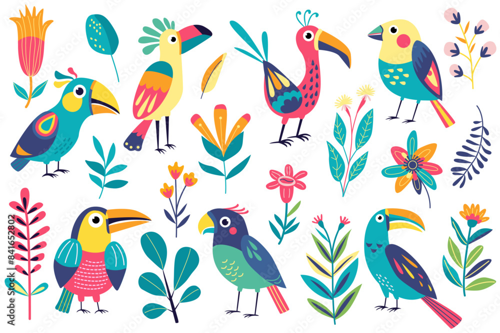 Set with funny bright exotic tropical fantasy birds and flowers. Vector illustration in flat style. Decorative folklore elements. Set with funny bright exotic tropical fantasy birds and flowers. Vector illustration in flat style. Decorative folklore elements.