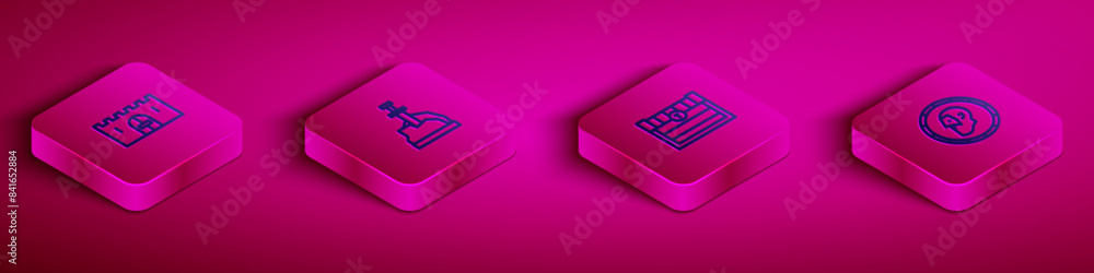 Set Isometric line Medieval castle gate, Sword in the stone, Antique treasure chest and Ancient coin icon. Vector Set Isometric line Medieval castle gate, Sword in the stone, Antique treasure chest and Ancient coin icon. Vector