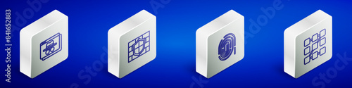 Set Isometric line Browser incognito window, Shield with brick wall, Fingerprint and Graphic password protection icon. Vector
