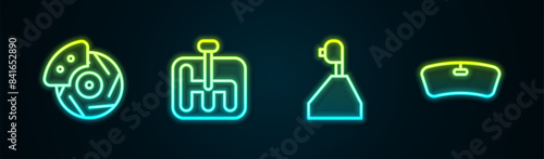 Set line Car brake disk with caliper, Gear shifter, and Windshield. Glowing neon icon. Vector
