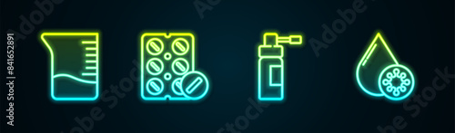 Set line Measuring cup, Pills blister pack, Bottle with nozzle spray and Blood test and virus. Glowing neon icon. Vector