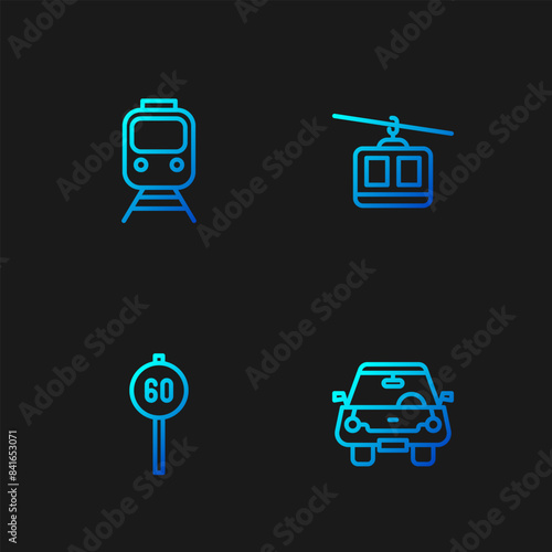 Set line Car, Speed limit traffic, Train and railway and Cable car. Gradient color icons. Vector