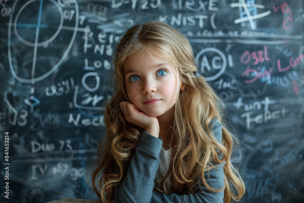 Curious Young Girl in Front of Chalkboard Curious Young Girl in Front of Chalkboard