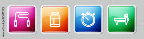 Set line Jump rope, Sports nutrition, Stopwatch and Bench with barbel. Colorful square button. Vector
