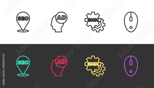 Set line SEO optimization, Advertising, Social media marketing and Computer mouse on black and white. Vector
