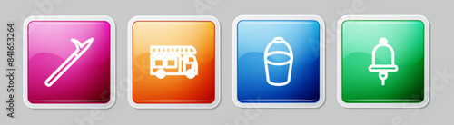 Set line Metal pike pole, Fire truck, bucket and Ringing alarm bell. Colorful square button. Vector