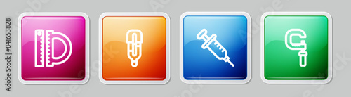 Set line Protractor and ruler, Medical thermometer, Syringe and Micrometer. Colorful square button. Vector
