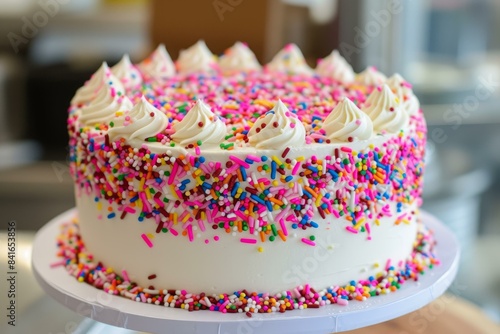 Close-up of a vibrant birthday cake decorated with rainbow sprinkles and whipped cream