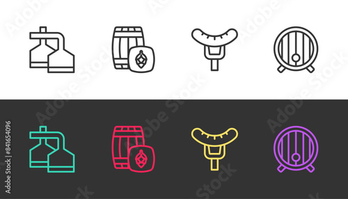 Set line Beer brewing process, Wooden barrel, Sausage on the fork and on black and white. Vector