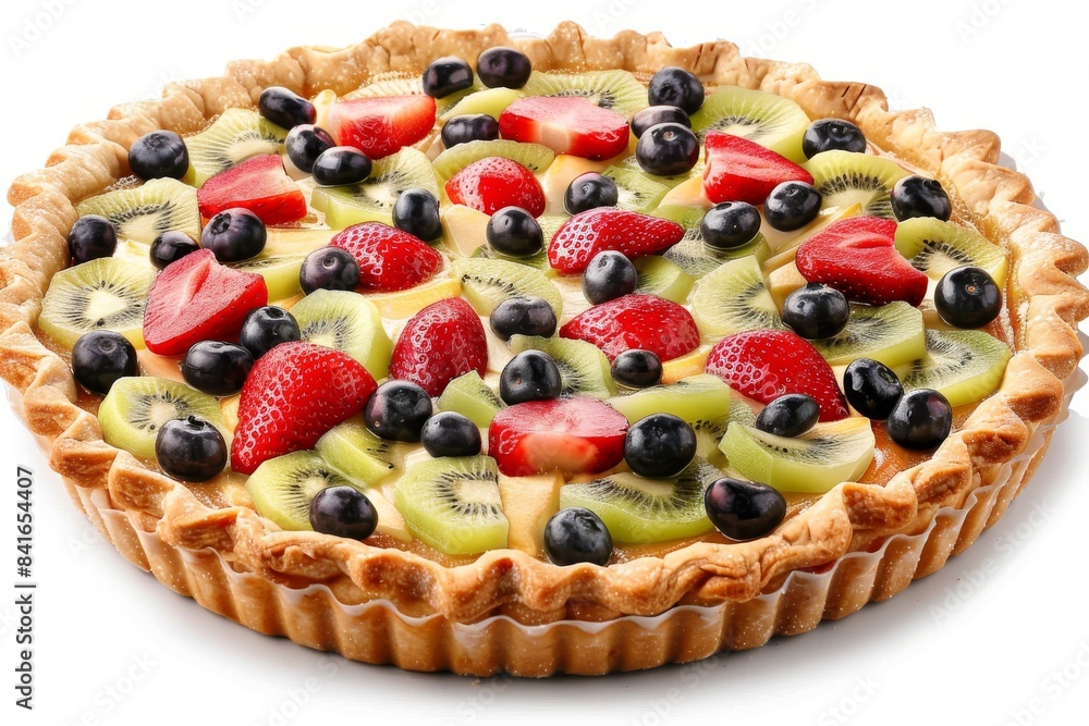 Classic fruit tart with a golden crust, topped with a mix of strawberries, blueberries, and kiwi, presented on a white background for a vibrant dessert Classic fruit tart with a golden crust, topped with a mix of strawberries, blueberries, and kiwi, presented on a white background for a vibrant dessert