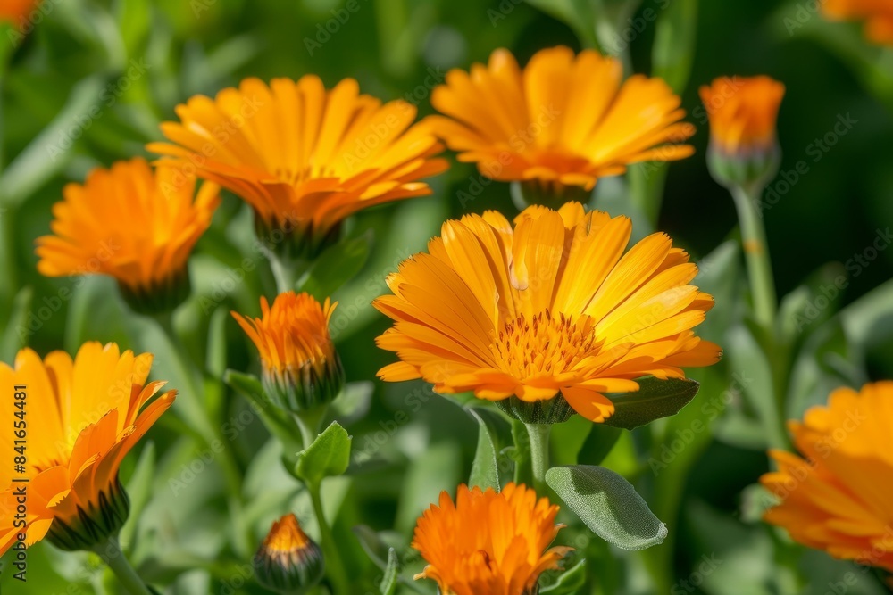 Bright orange calendula flowers with delicate petals against a green background in a garden Bright orange calendula flowers with delicate petals against a green background in a garden