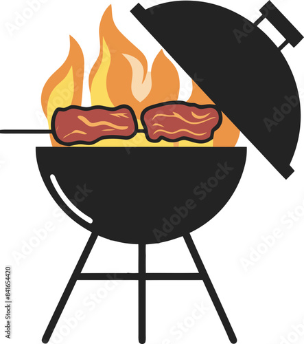 vector illustration of a barbecue grill with flames and a beef skewer